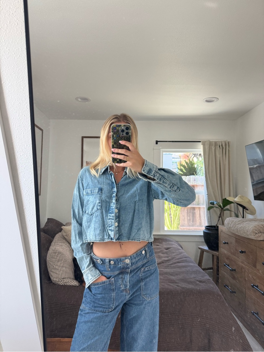 Good American Light Blue Cropped Denim Shirt